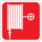 Fire hose sticker, red square with white fire-hose nozzle and target icon