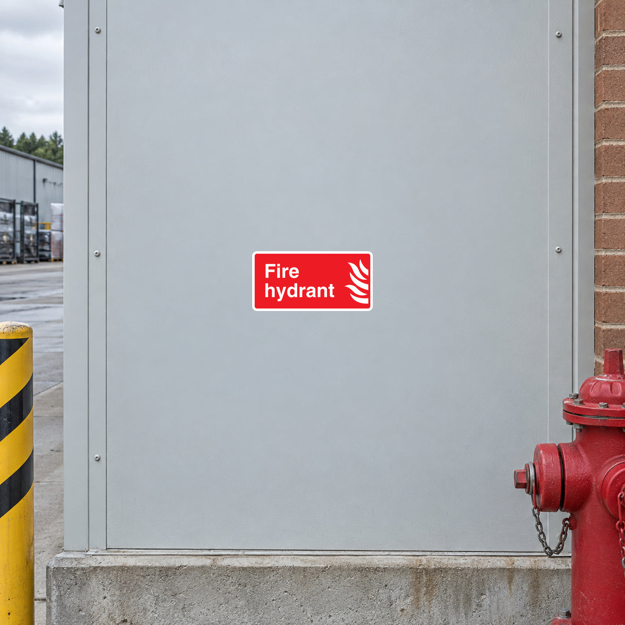 Fire hydrant safety sticker with red background and “Fire hydrant” text icon