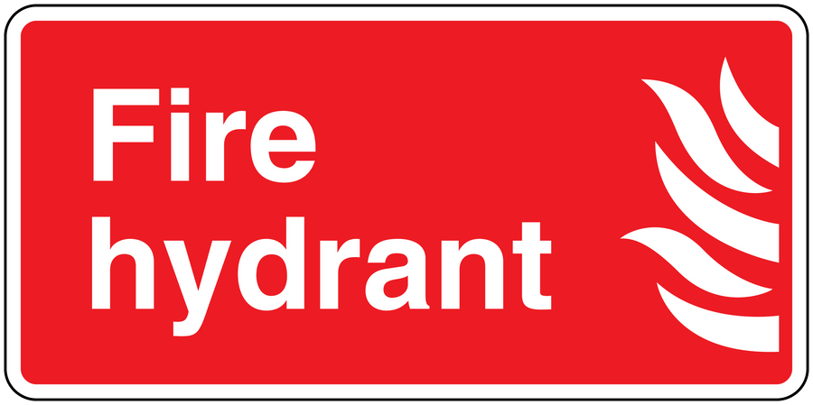 Fire hydrant safety sticker, red with white “Fire hydrant” text, flame icon, rounded border