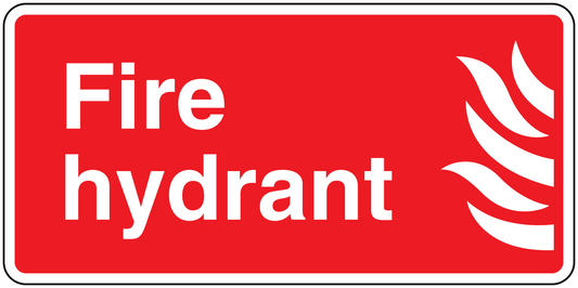 Fire hydrant safety sticker, red with white “Fire hydrant” text, flame icon, rounded border