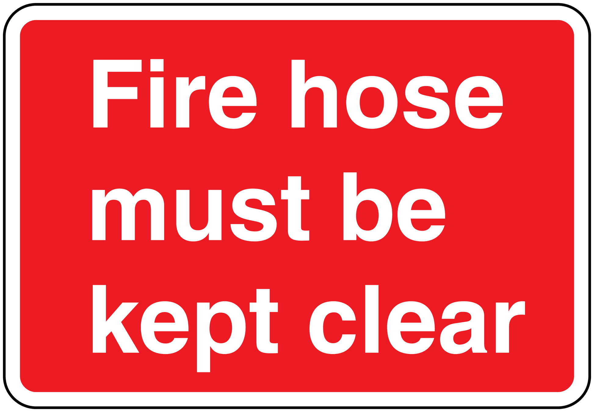 Red fire hose safety sticker with white “Fire hose must be kept clear” text