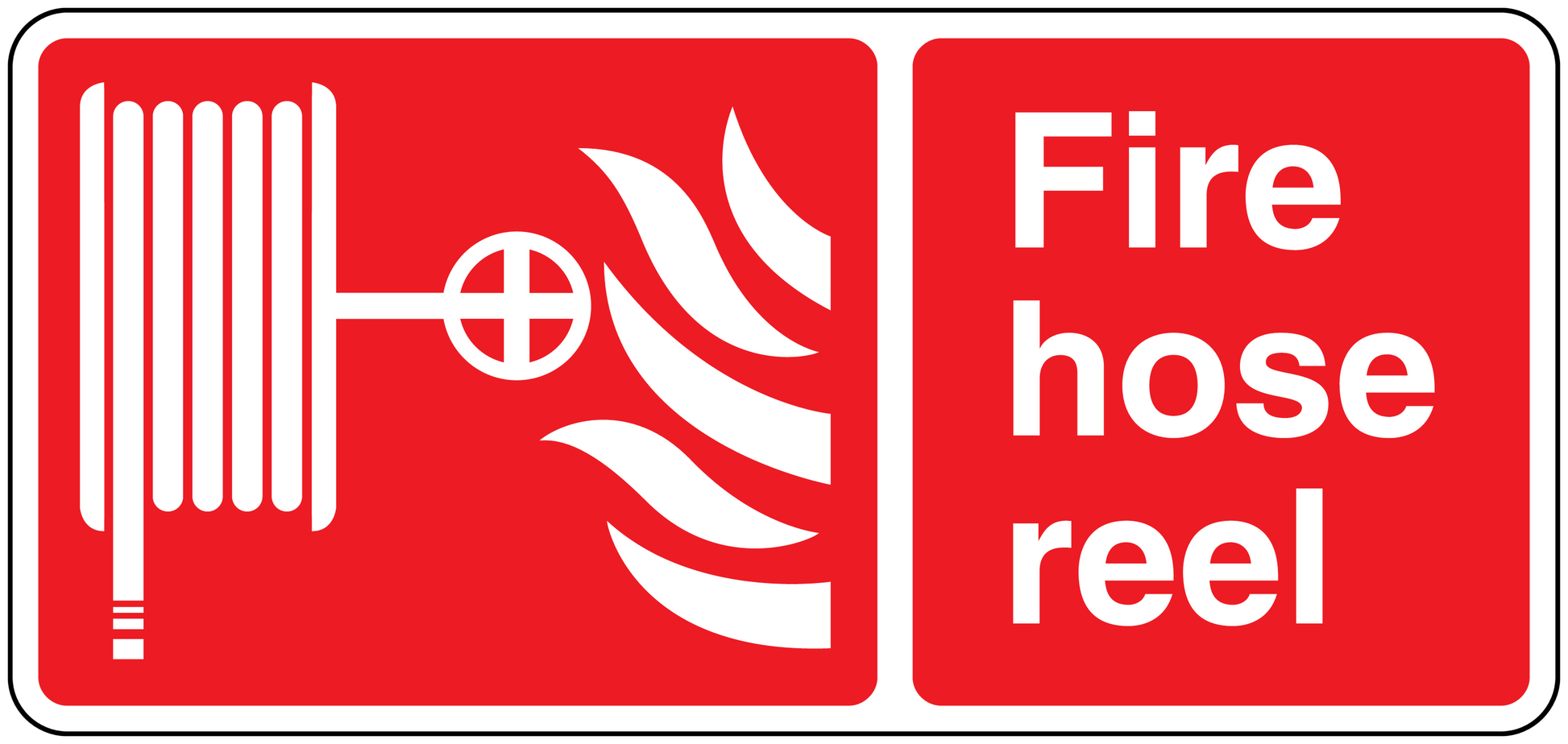 Red fire hose reel sticker with white icons and 'Fire hose reel' text.