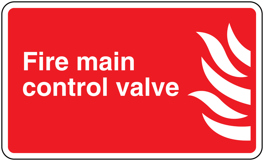 Fire main control valve sticker, red rectangular label with white text and flame icon
