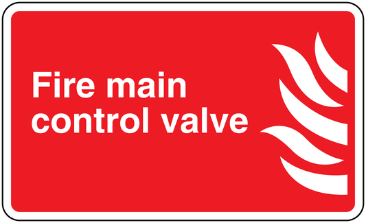 Fire main control valve sticker, red rectangular label with white text and flame icon