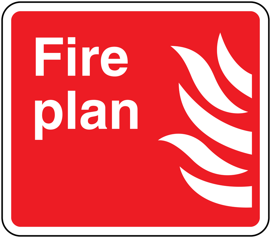 Fire plan sticker: red with white border, 'Fire plan' text and flame icon