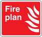 Fire plan sticker: red with white border, 'Fire plan' text and flame icon