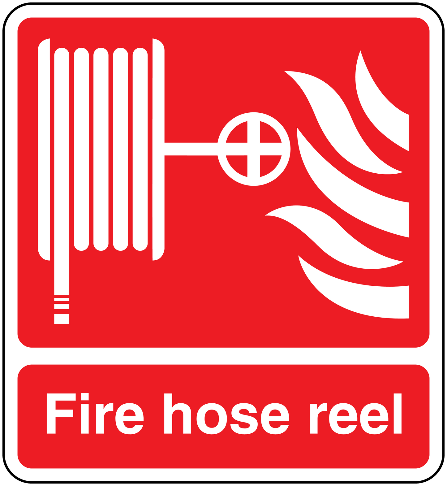 Red fire hose reel safety sticker with white hose nozzle and flame icon, text panel