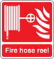 Red fire hose reel safety sticker with white hose nozzle and flame icon, text panel
