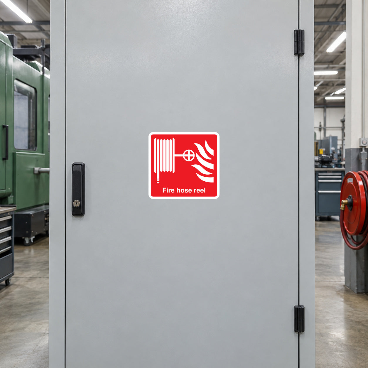 Square fire hose reel sticker with red hose reel icon and 'Fire hose reel' text