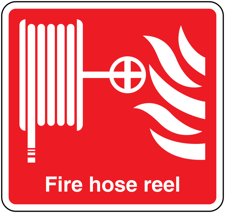 Red square sticker: white fire hose reel icon and text 'Fire hose reel'