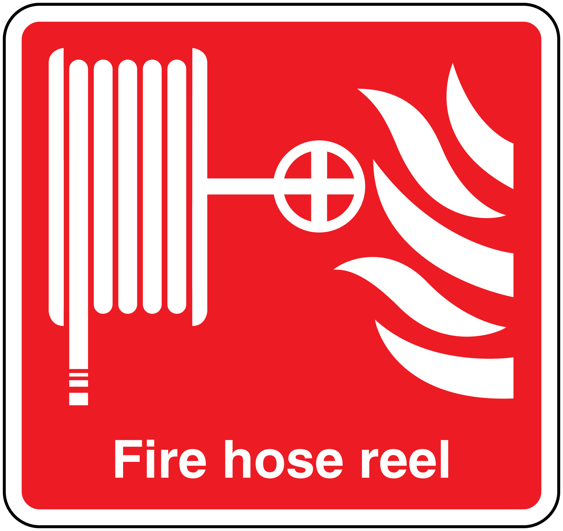 Red square sticker: white fire hose reel icon and text 'Fire hose reel'