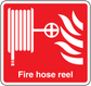 Red square sticker: white fire hose reel icon and text 'Fire hose reel'