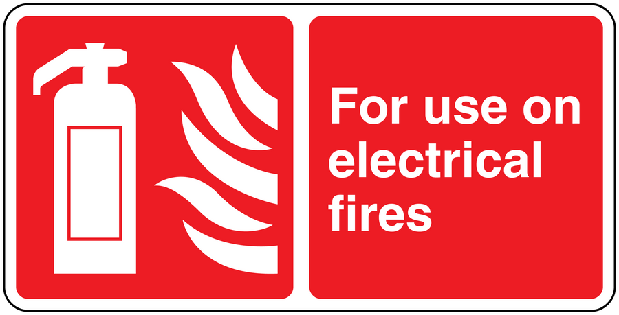 Red electrical fire safety sticker with outlet and flame icon, reads 'For use on electrical fires'