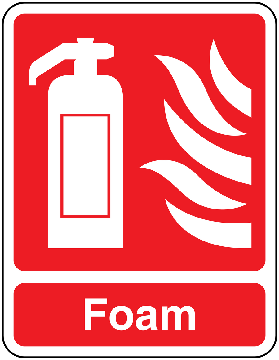Red foam sticker with white fire symbol and Foam text label