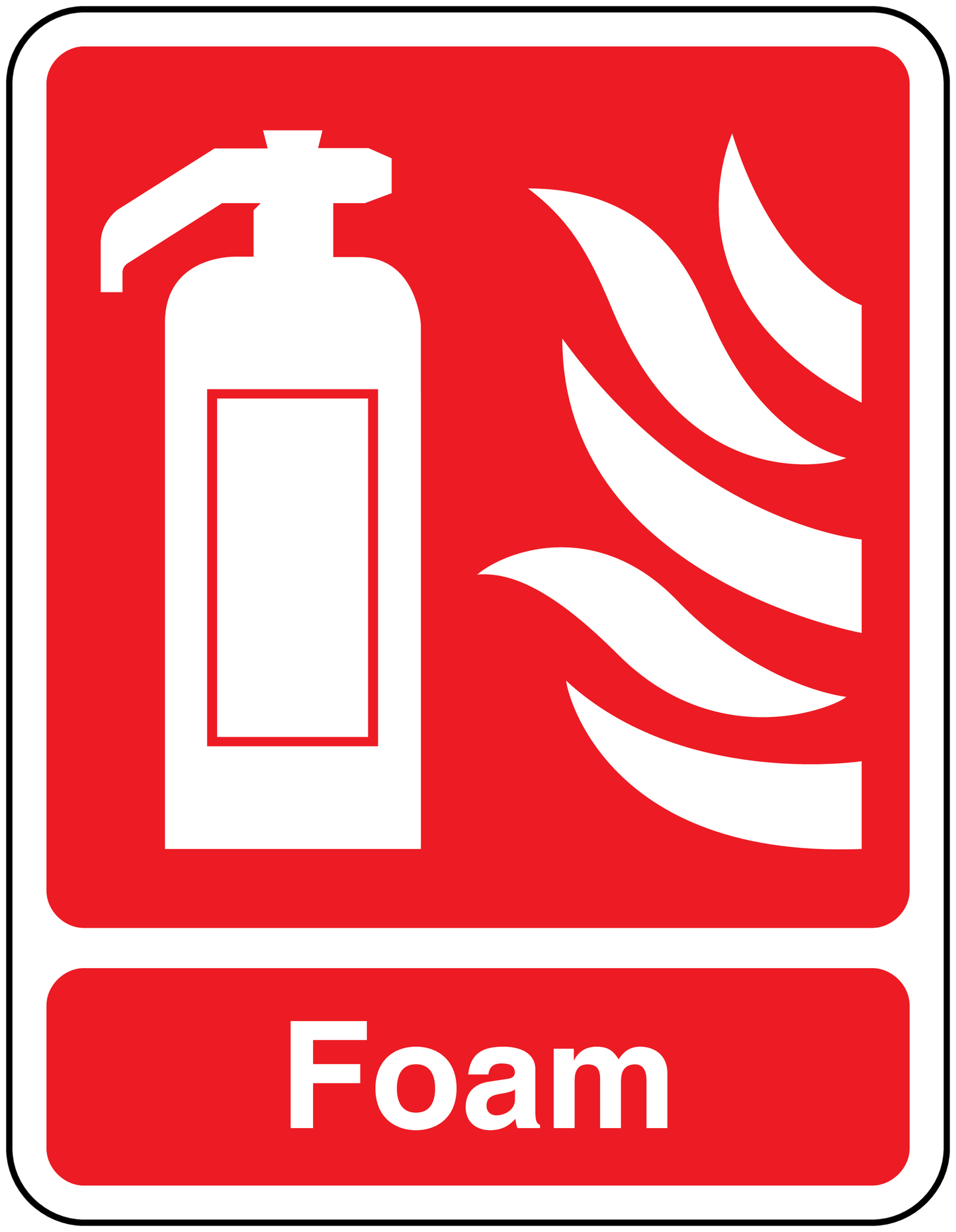 Red foam sticker with white fire symbol and Foam text label