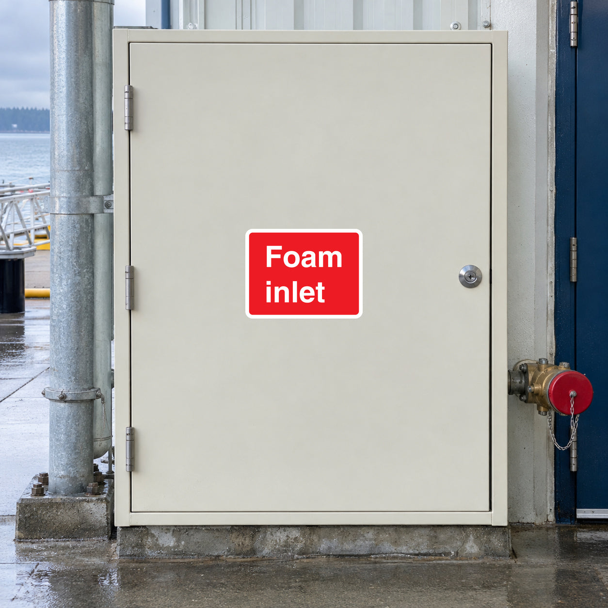 Fire foam inlet sticker, red 'Foam inlet' text label on white background