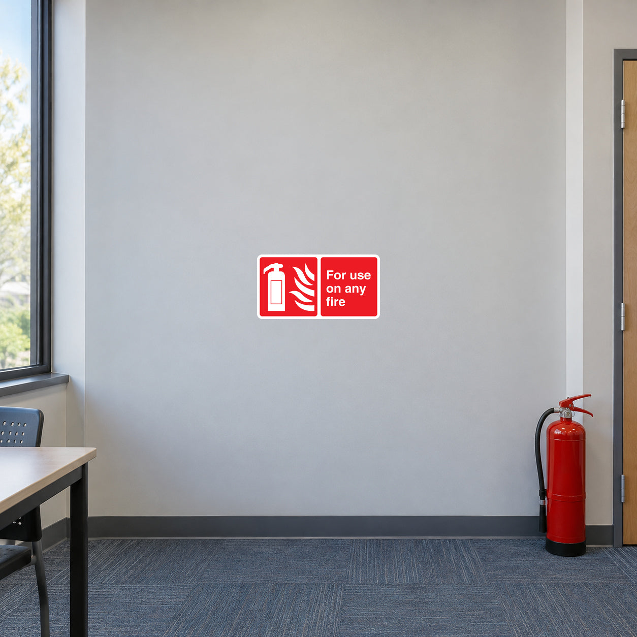 Fire safety sticker with red extinguisher icon and text “For use on any fire”