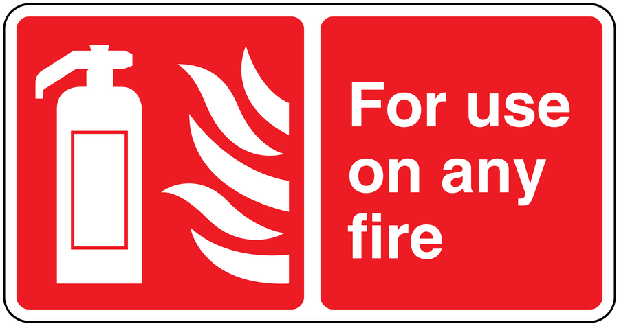 Fire safety sticker with extinguisher and flames icons; text: For use on any fire.