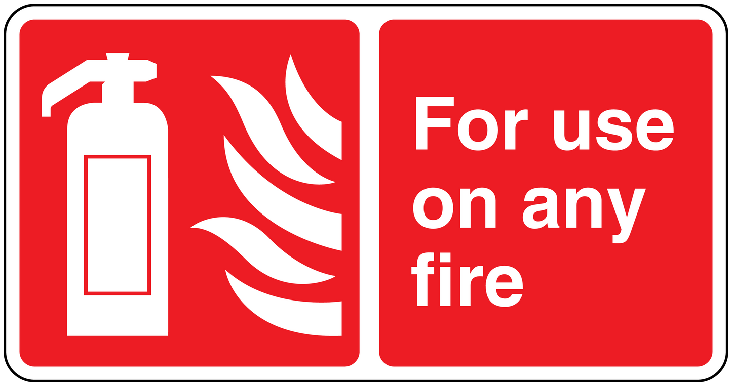 Fire safety sticker with extinguisher and flames icons; text: For use on any fire.