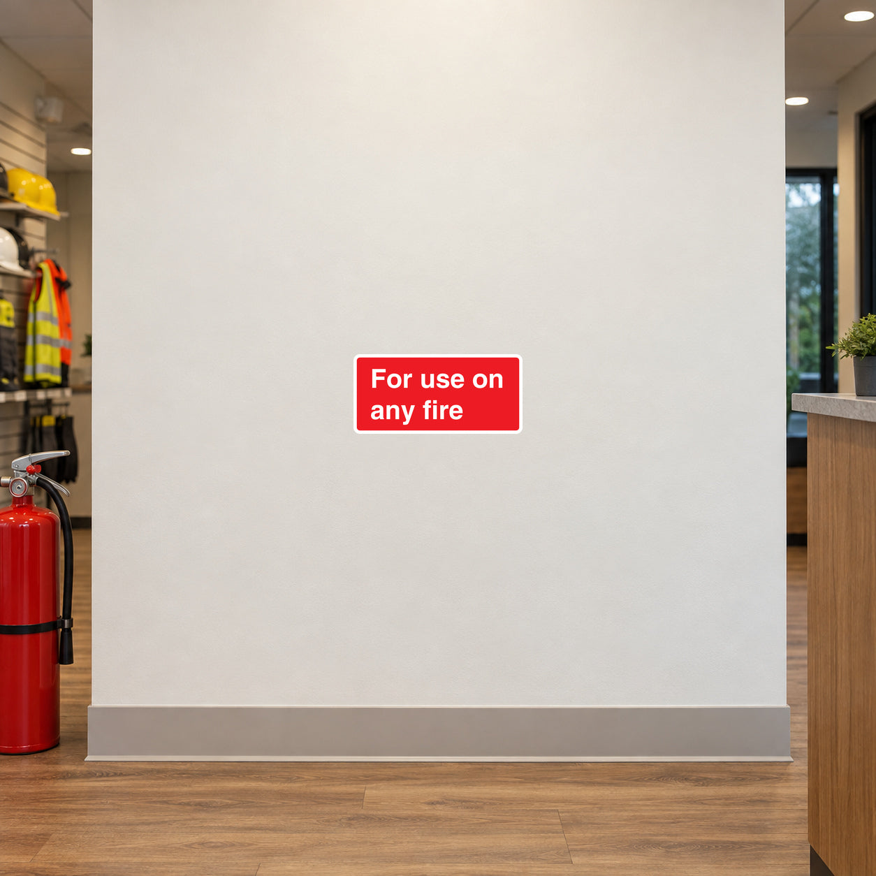Fire safety sticker with red background and white text: “For use on any fire”.
