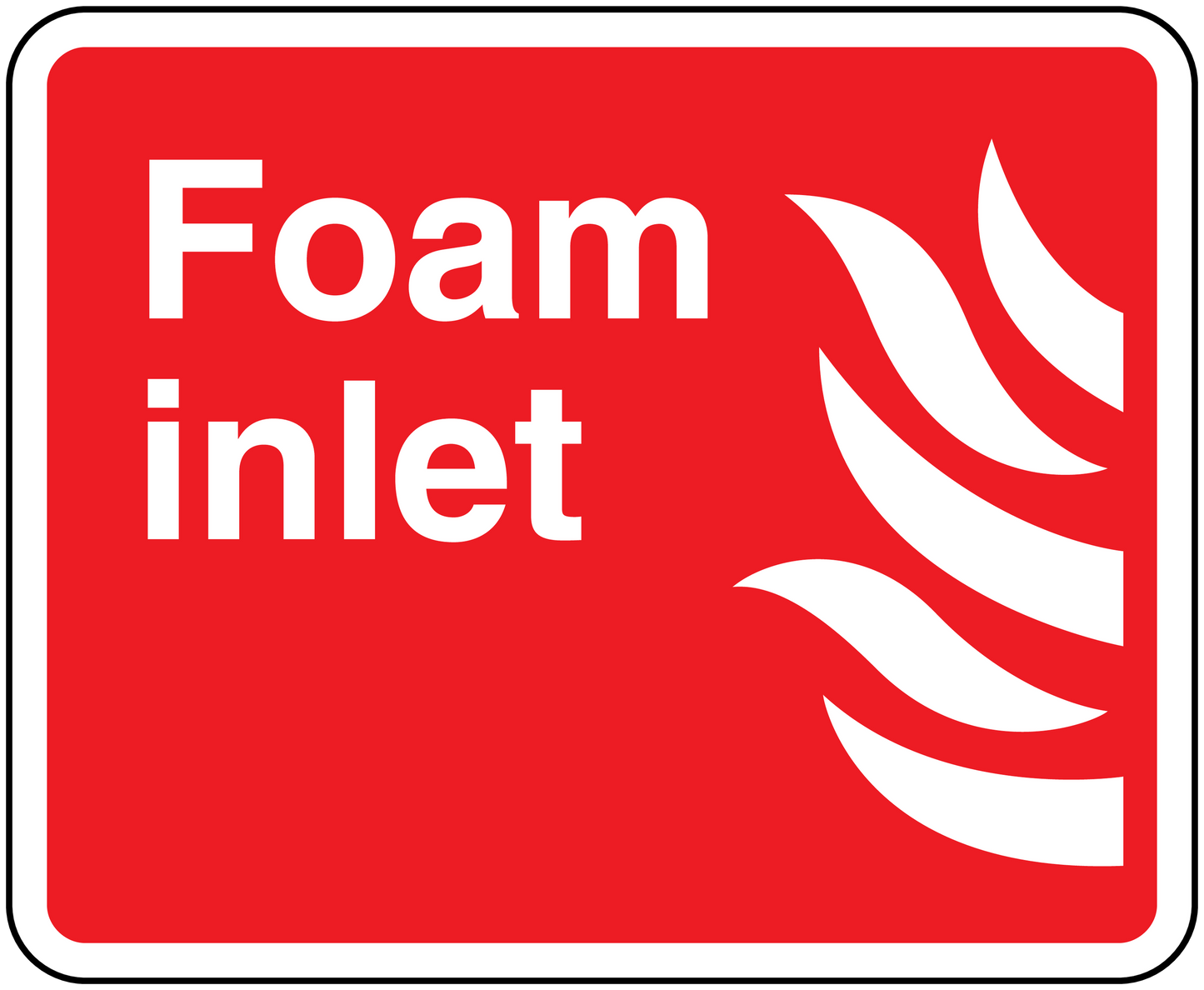 Foam inlet sticker with red background, white text, and flame icon
