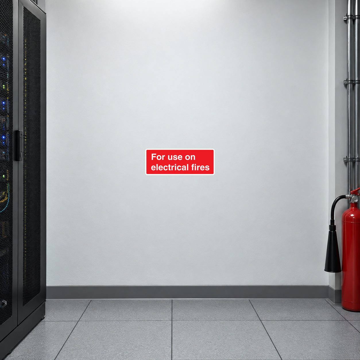 Red fire safety sticker for use on electrical fires, with white text