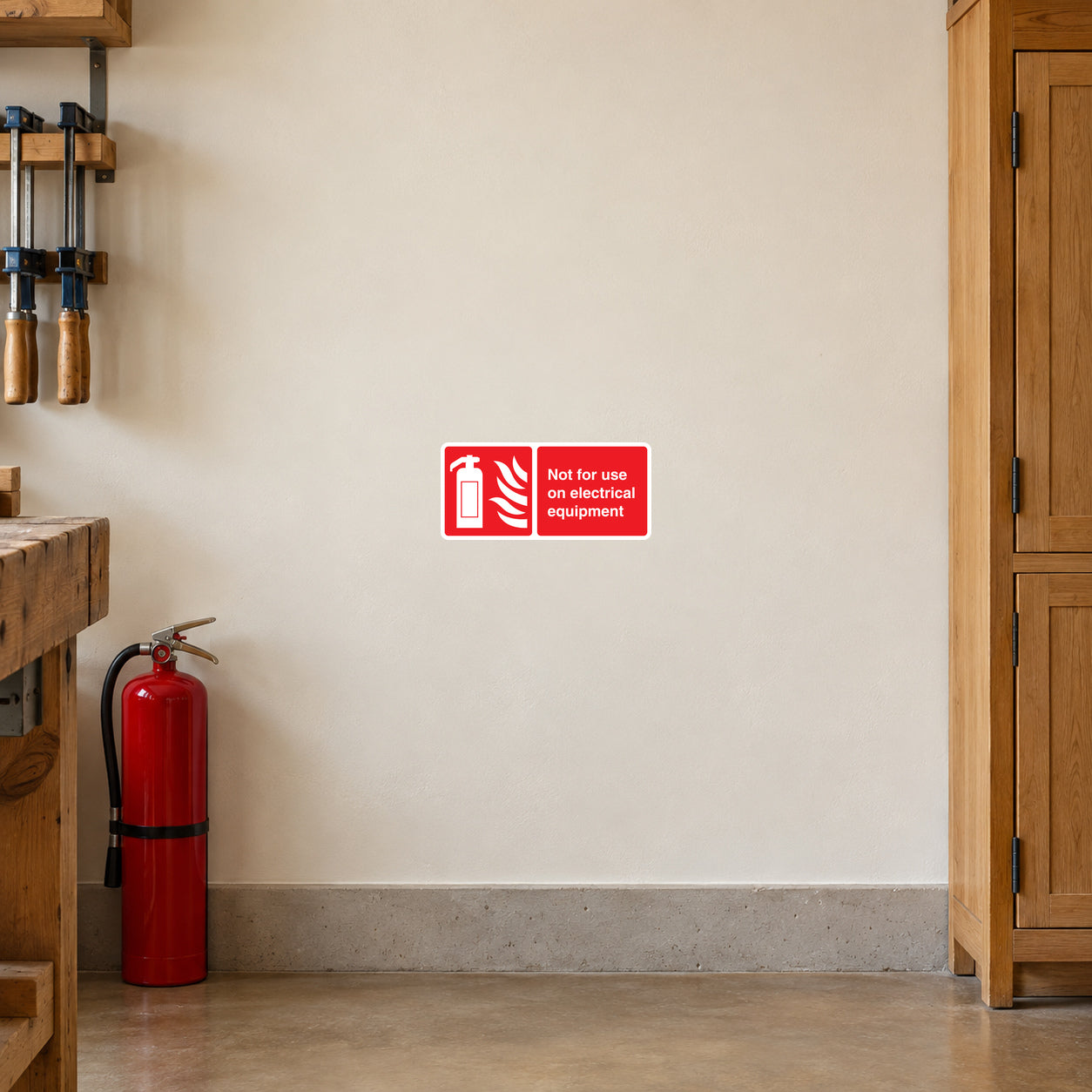 Not For Use On Electrical Equipment Sticker applied in a woodworking studio fire point, smooth cream wall, red water-type extinguisher far lower left, closed timber tool cabinet far right, sealed tan concrete floor