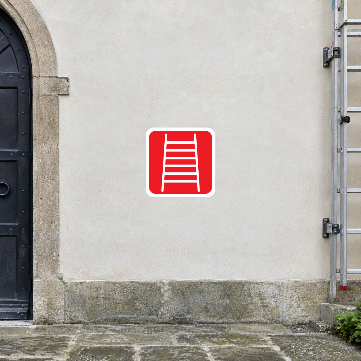 Fire ladder safety sticker with red rounded square and white ladder icon