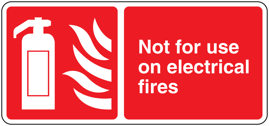 Red safety sign sticker: Not for use on electrical fires, fire extinguisher icon