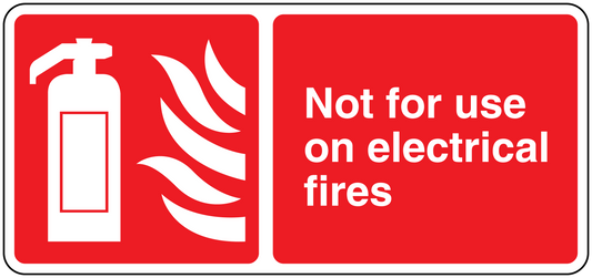 Red safety sign sticker: Not for use on electrical fires, fire extinguisher icon