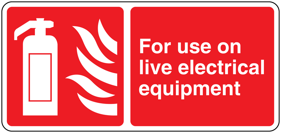 Electrical equipment warning sticker, red with white text: For use on live electrical equipment
