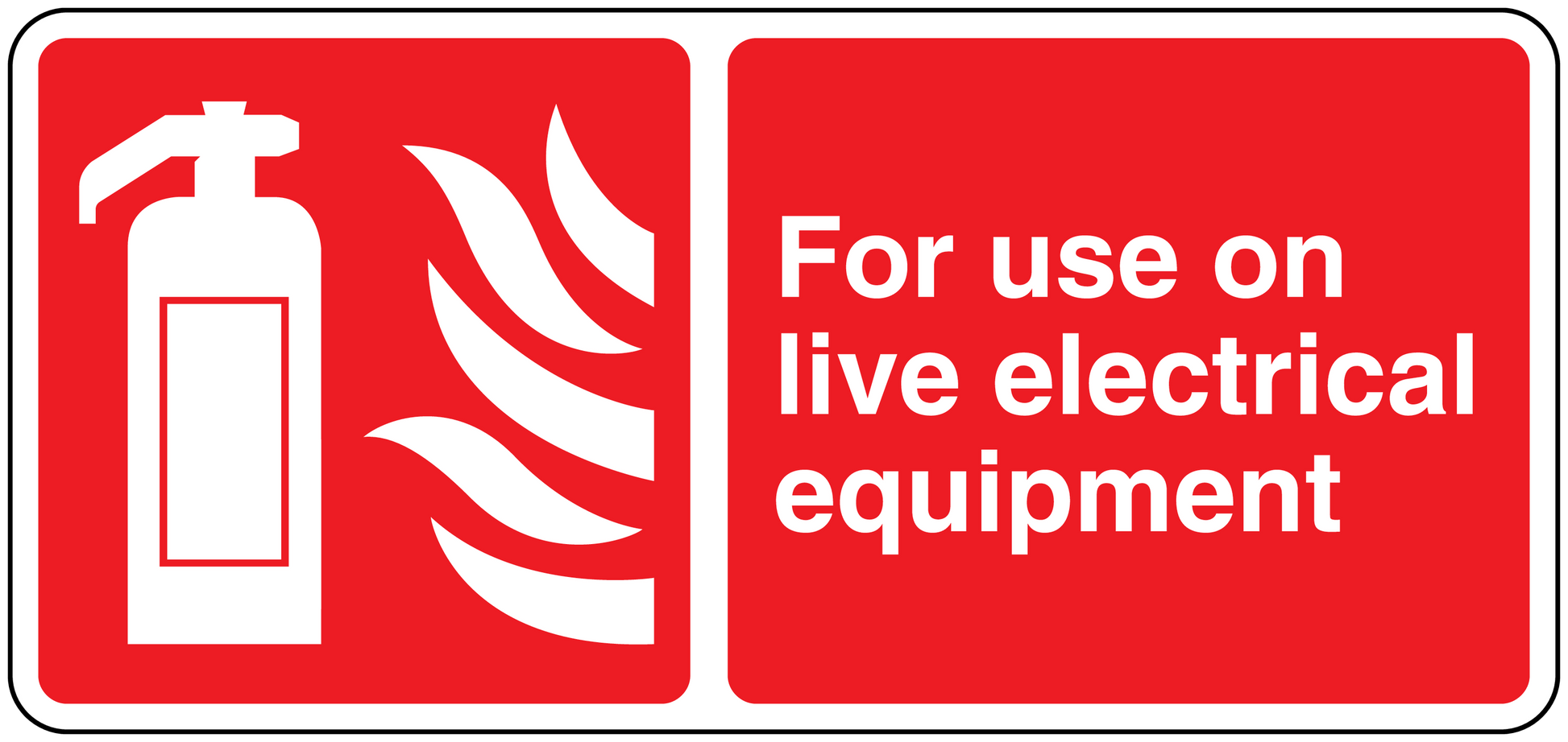 Electrical equipment warning sticker, red with white text: For use on live electrical equipment