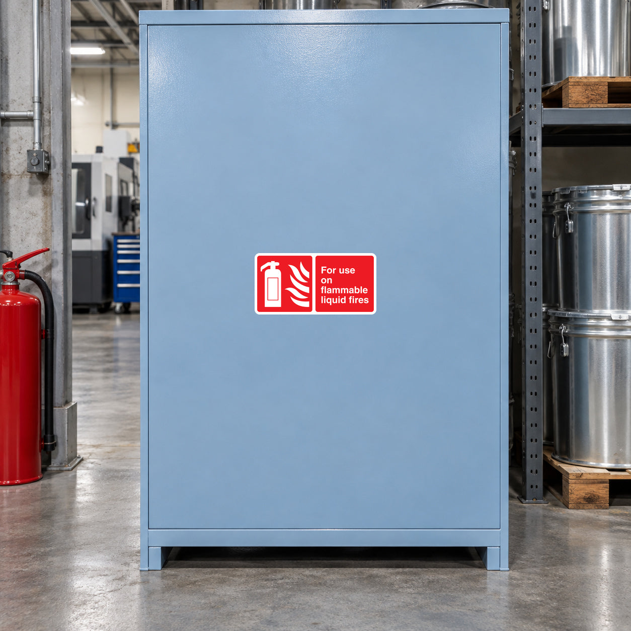 Blue fire safety cabinet with red-and-white sticker for flammable liquid fires