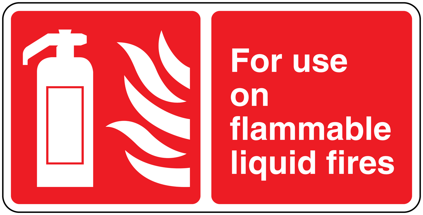 Red fire safety sticker with white gas can icon and text: For use on flammable liquid fires