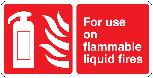 Red fire safety sticker with white gas can icon and text: For use on flammable liquid fires