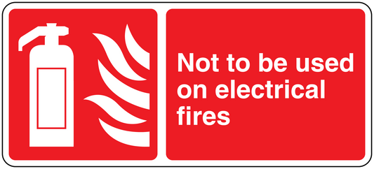Red warning sticker with outlet-and-flames icon and 'Not to be used on electrical fires' text