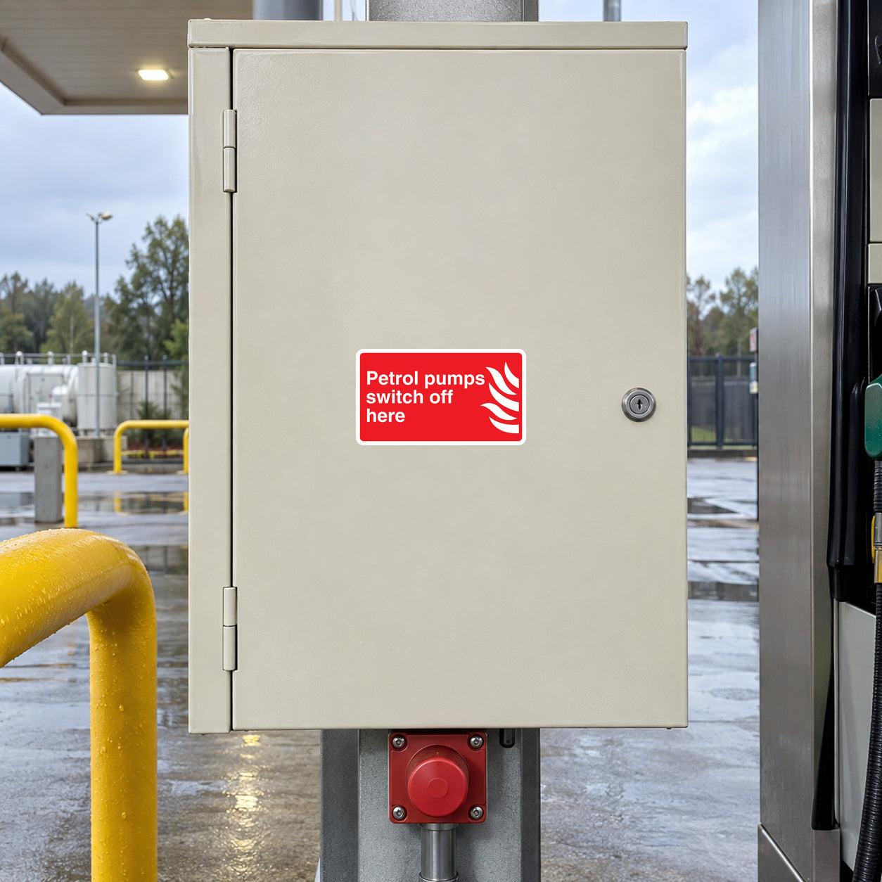 White electrical box with red 'Petrol pumps switch off here' warning sticker