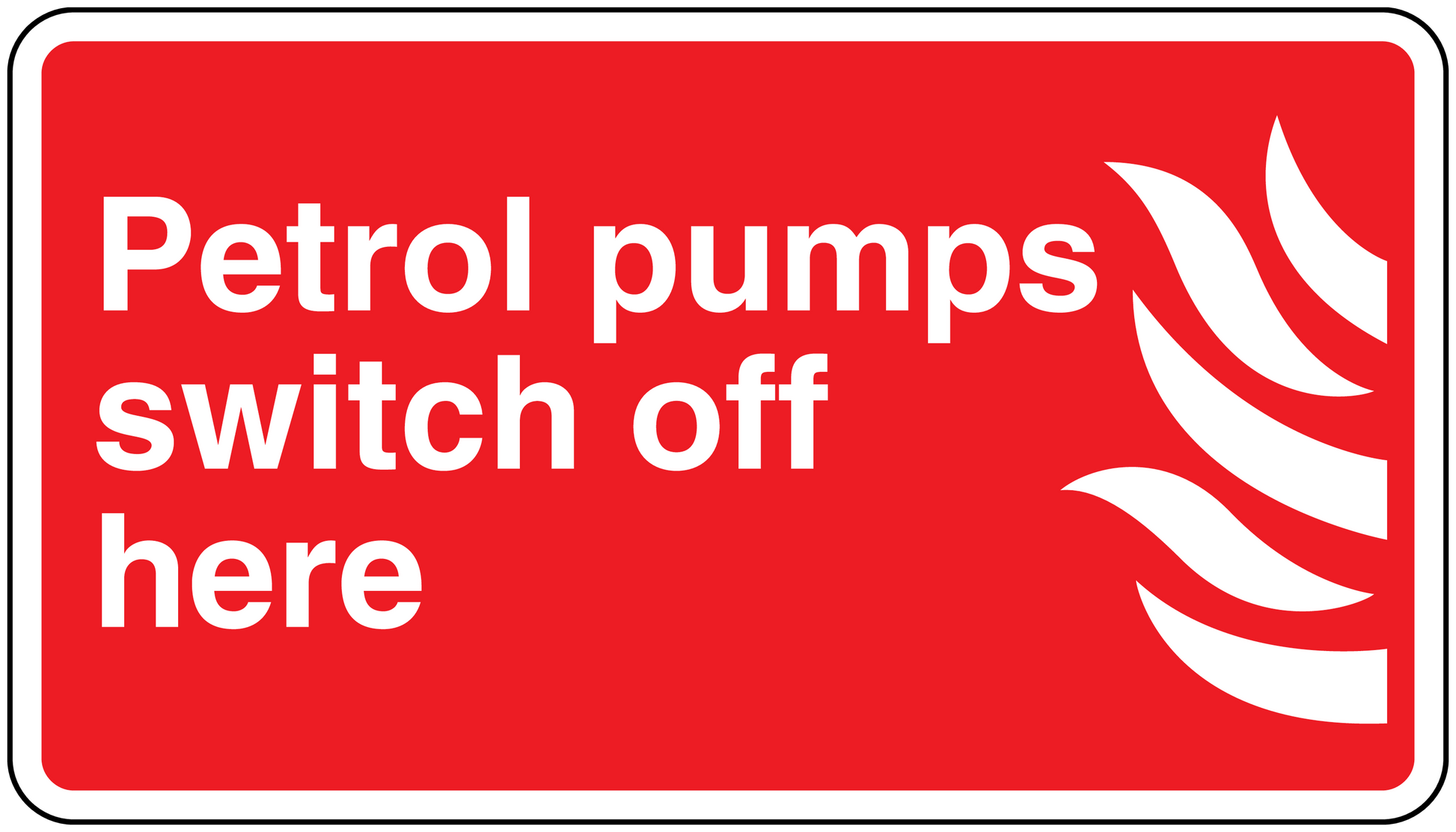 Red safety warning sticker: Petrol pumps switch off here, with white flame symbol