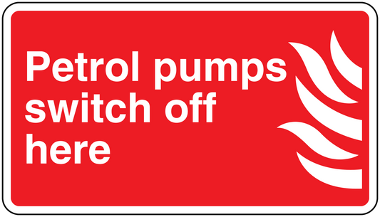 Red safety warning sticker: Petrol pumps switch off here, with white flame symbol