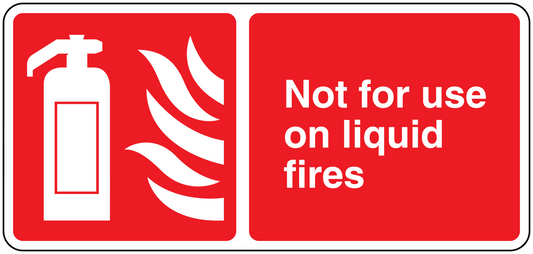 Red safety sticker with fire extinguisher icon and text "Not for use on liquid fires"