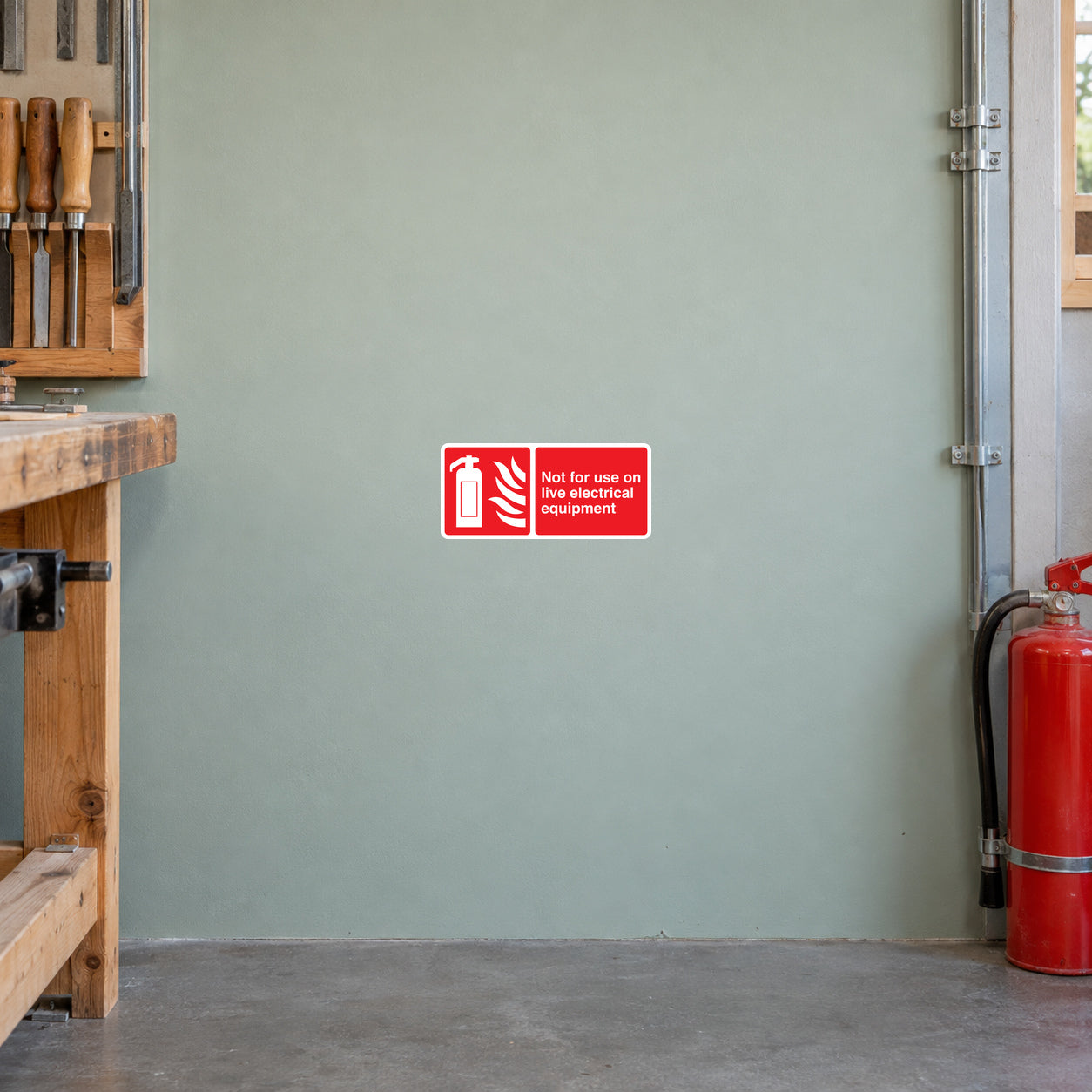 Red electrical warning sticker with white symbol and “not for live equipment” text