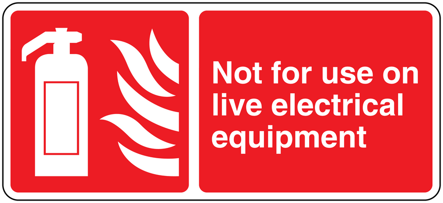 Red warning sticker: Not for use on live electrical equipment, flame and plug icons.
