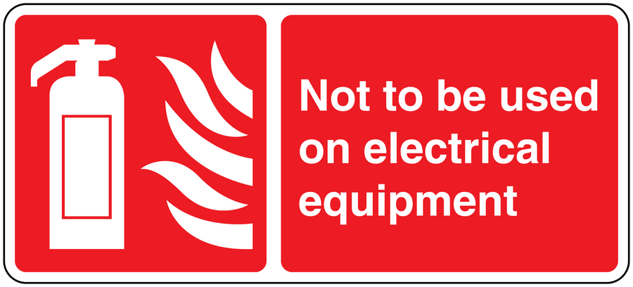 Red electrical safety vinyl sticker with white fire extinguisher icon and warning text