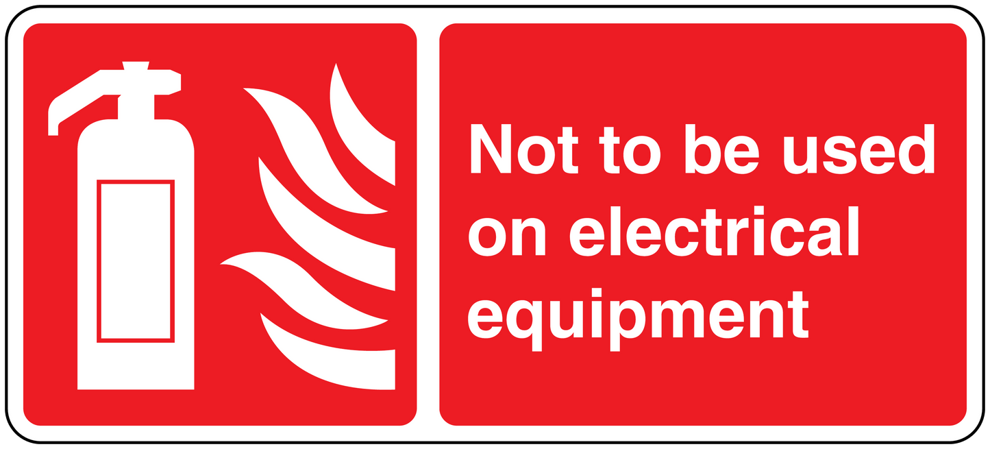 Red electrical safety vinyl sticker with white fire extinguisher icon and warning text
