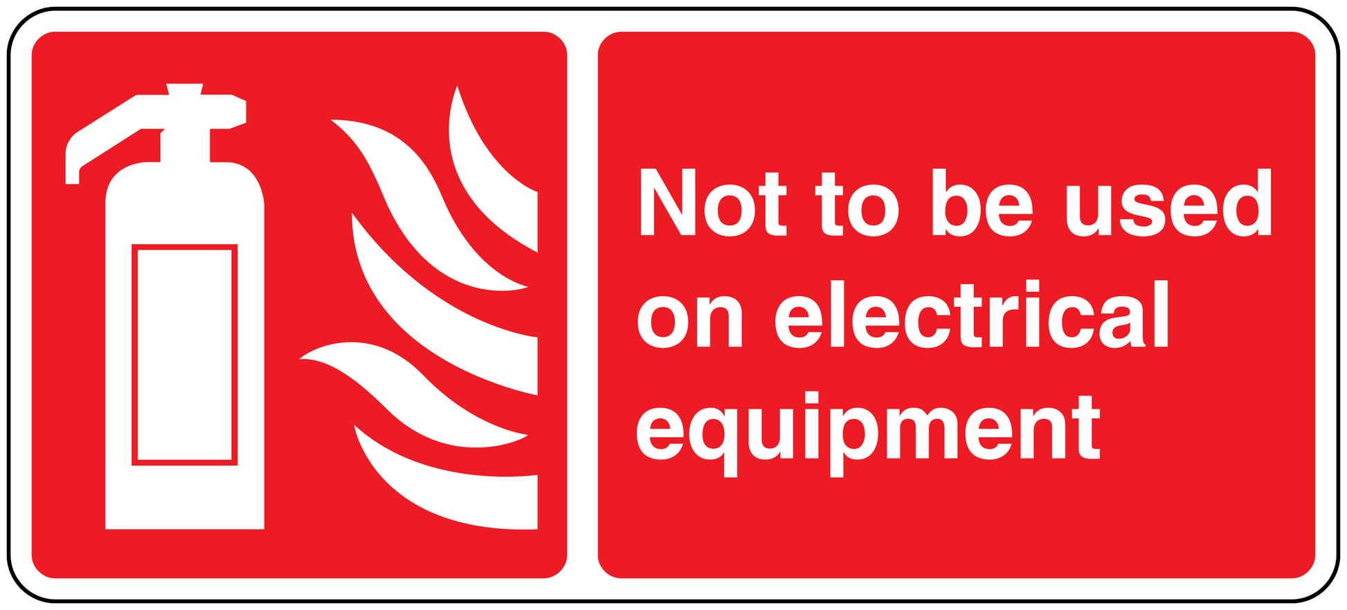Red electrical safety vinyl sticker with white fire extinguisher icon and warning text