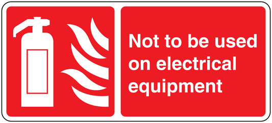 Red electrical safety vinyl sticker with white fire extinguisher icon and warning text