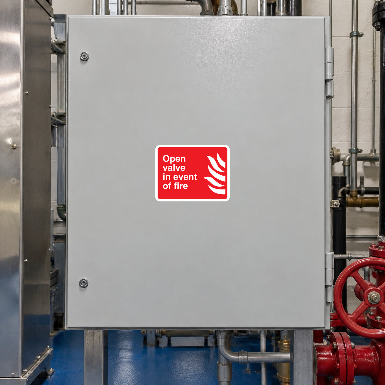 Red fire safety sticker with white text and flame icon: 'Open valve in event of fire'