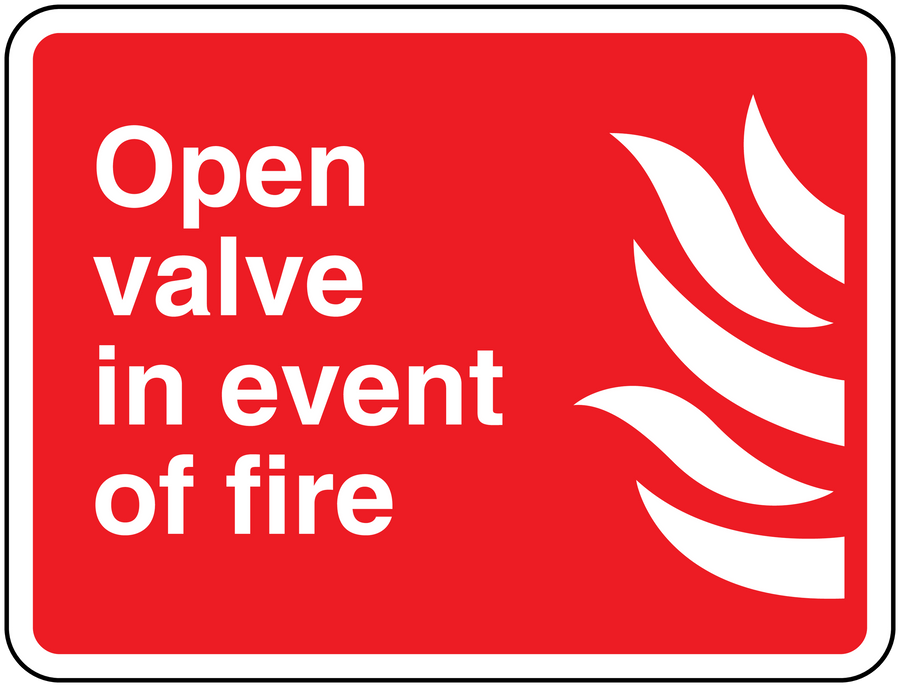 Red fire safety sticker with white text 'Open valve in event of fire' and flame icon.