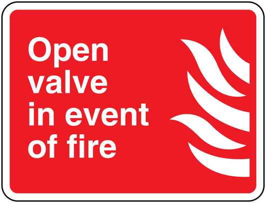 Red fire safety sticker with white text 'Open valve in event of fire' and flame icon.