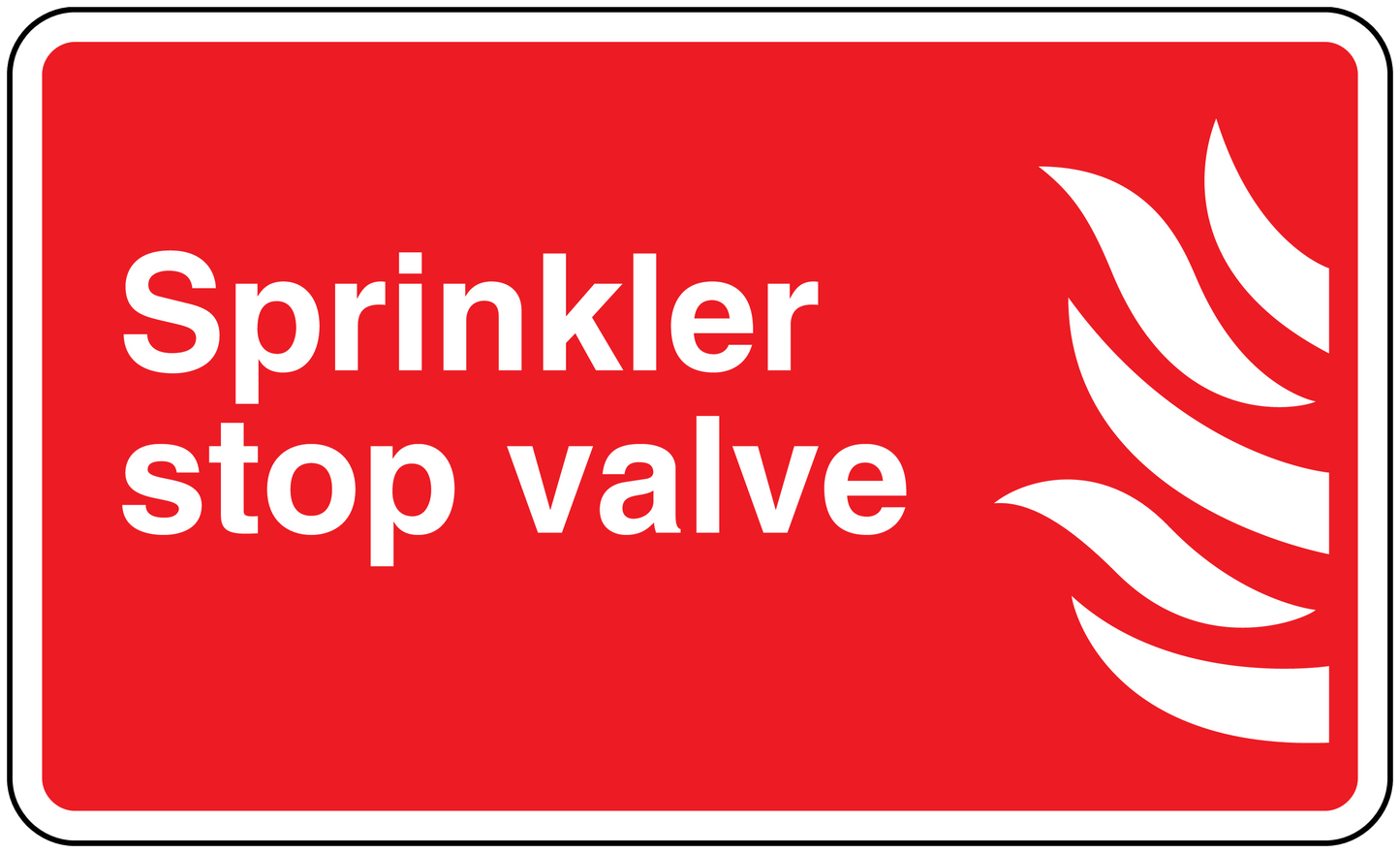 Sprinkler stop valve warning sticker with white text and flame icon on red
